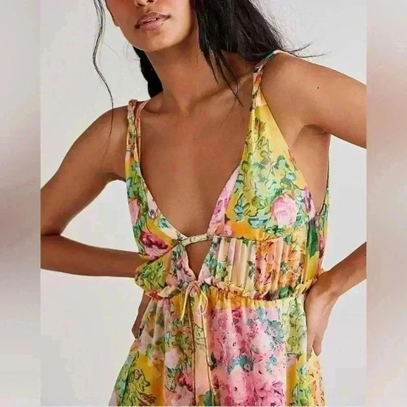 FOR LOVE & LEMONS Madison Floral Maxi Dress S Yellow Sleeveless V-neck Strappy - Picture 2 of 7